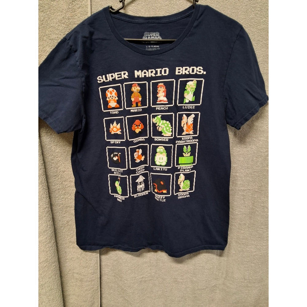 Super Mario Bros Mens Large Navy Blue Pixel Art 8-Bit CharacterGraphicT-Shirt B2